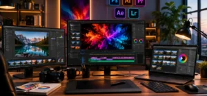Entorno profesional de creación digital con herramientas creativas