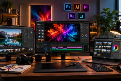 Entorno profesional de creación digital con herramientas creativas