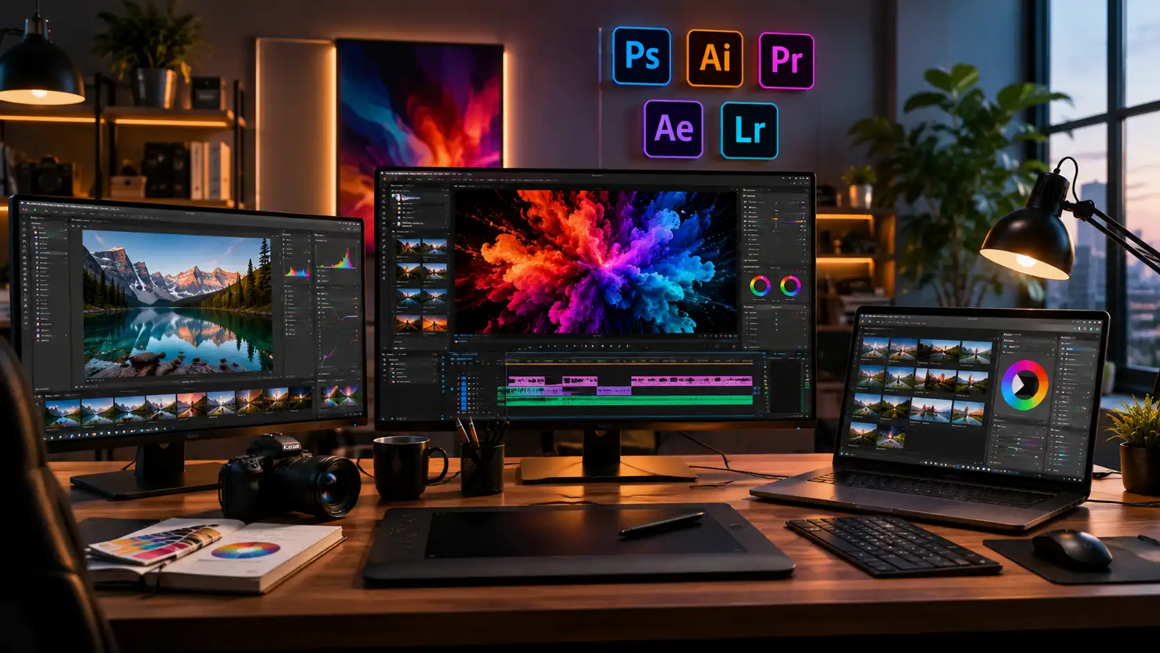 Entorno profesional de creación digital con herramientas creativas