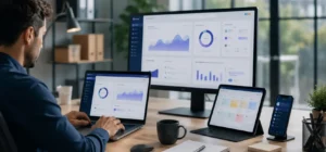 Persona utilizando diferentes herramientas de software en un entorno de trabajo moderno