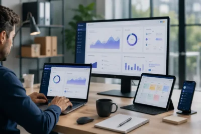Persona utilizando diferentes herramientas de software en un entorno de trabajo moderno