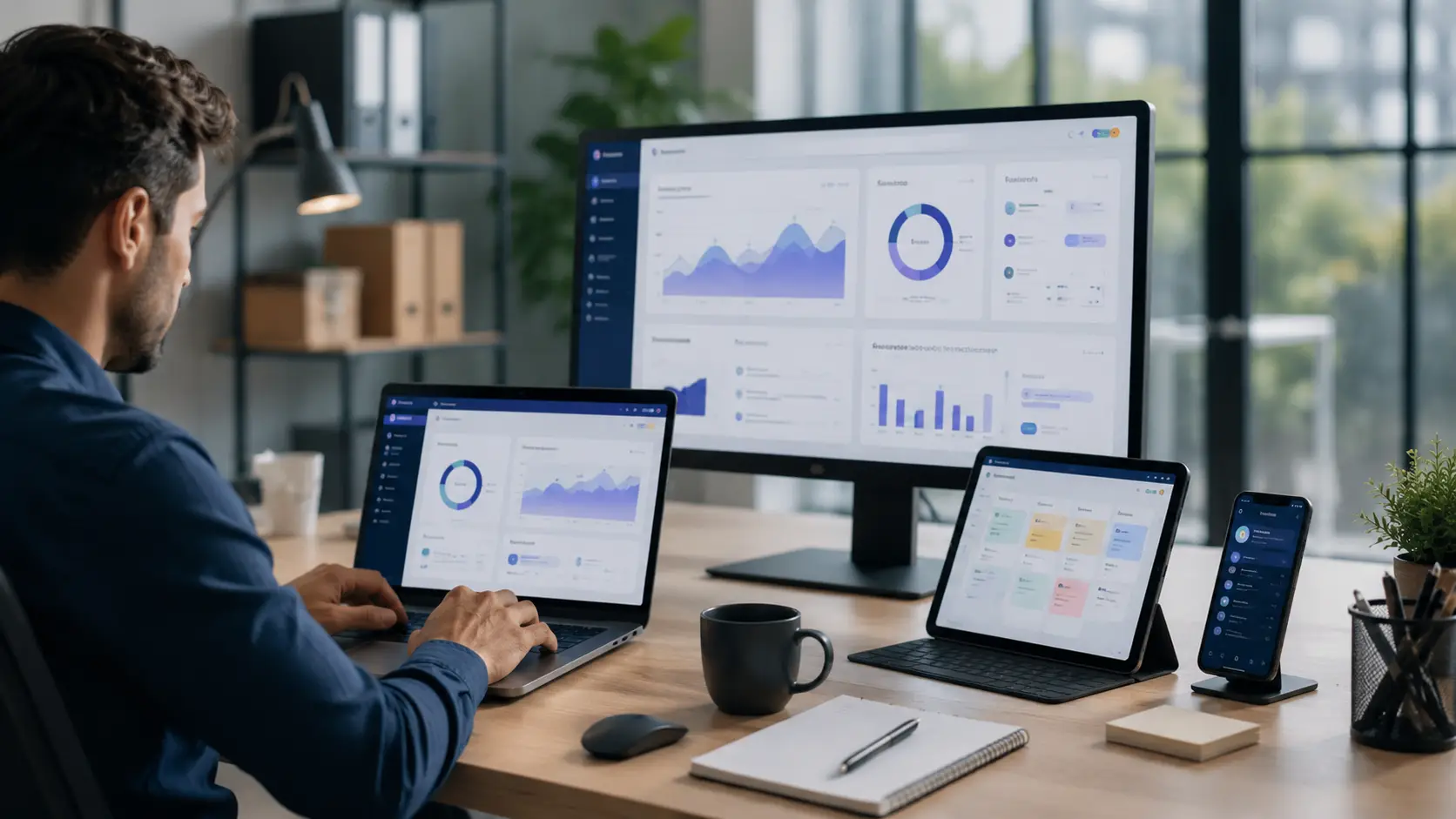 Persona utilizando diferentes herramientas de software en un entorno de trabajo moderno