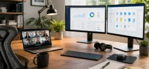 Espacio de trabajo remoto con herramientas digitales para teletrabajo