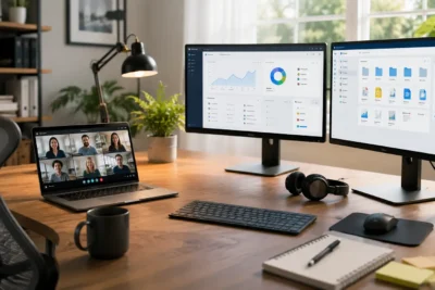 Espacio de trabajo remoto con herramientas digitales para teletrabajo