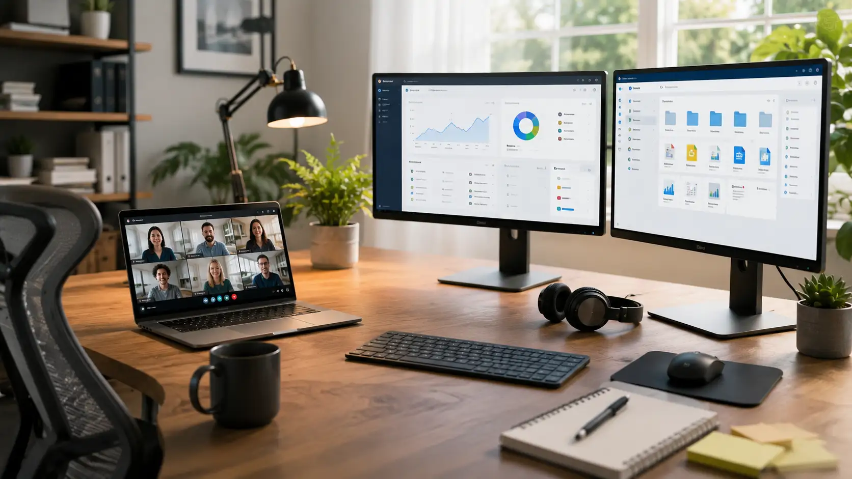 Espacio de trabajo remoto con herramientas digitales para teletrabajo