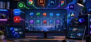 Estación de trabajo moderna con software profesional para PC
