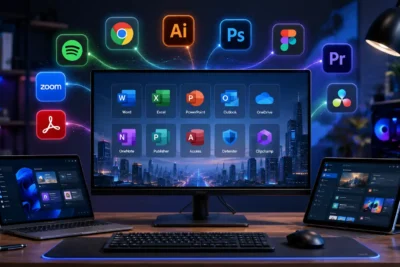Estación de trabajo moderna con software profesional para PC