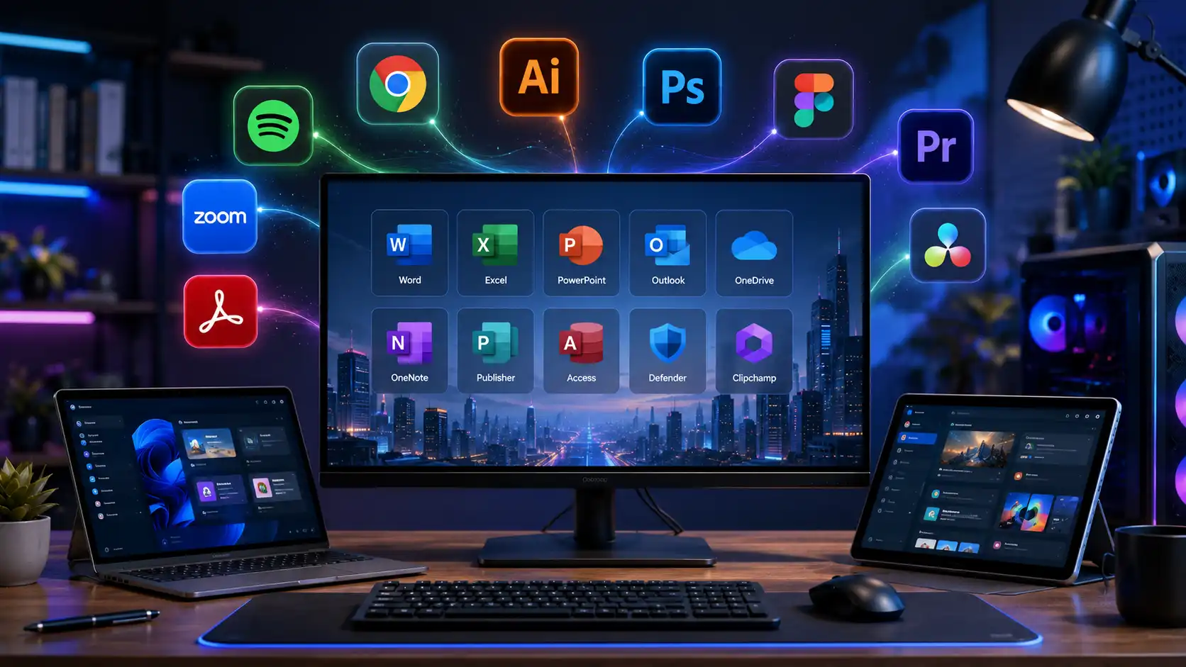 Estación de trabajo moderna con software profesional para PC