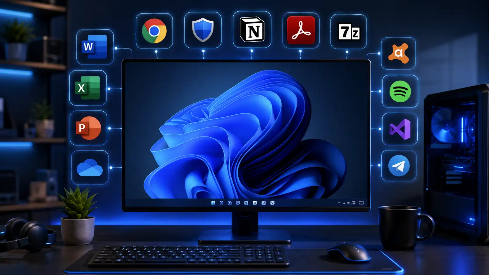 Ordenador con aplicaciones esenciales para Windows 11